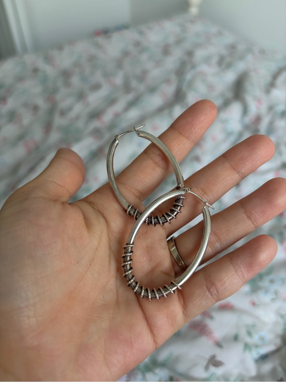 Sterling Silver Hoop Earrings with Wrapped Coil Accent